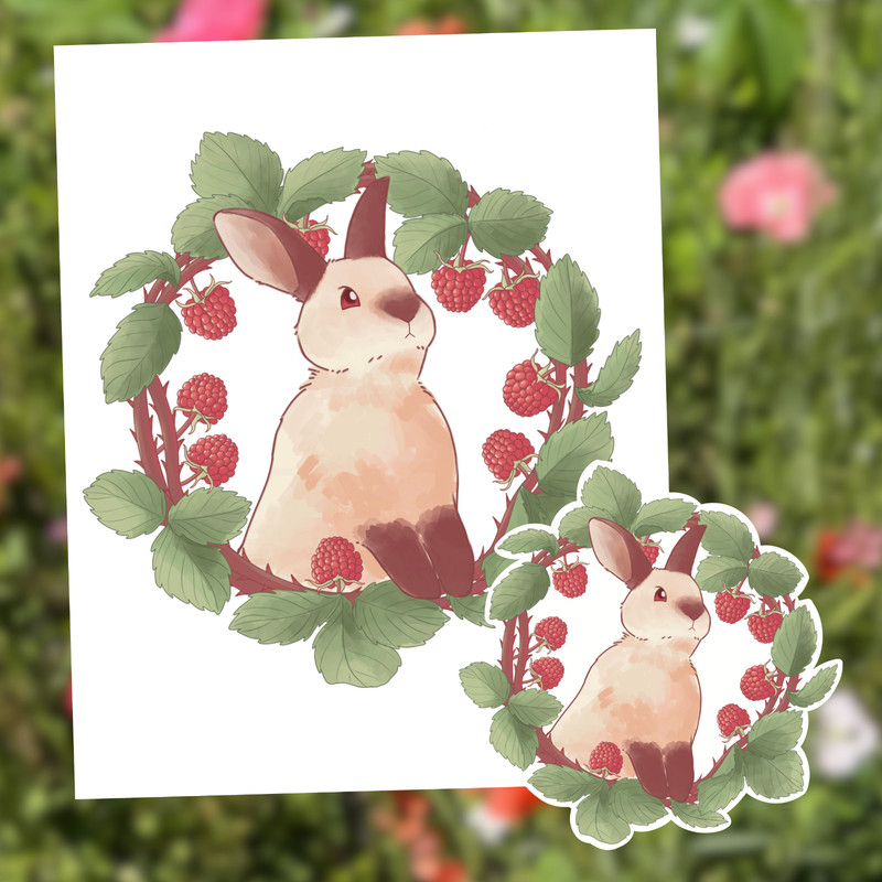 BUNDLE: Bramble Bunny Californian Rabbit Raspberry Wreath Art Print + Stickers