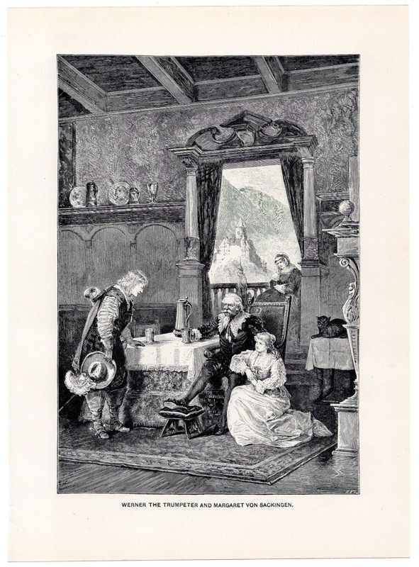 MEDIEVAL CASTLE HOME - Traveling Musician & Noble Lady 1892 Antique Engraving gallery