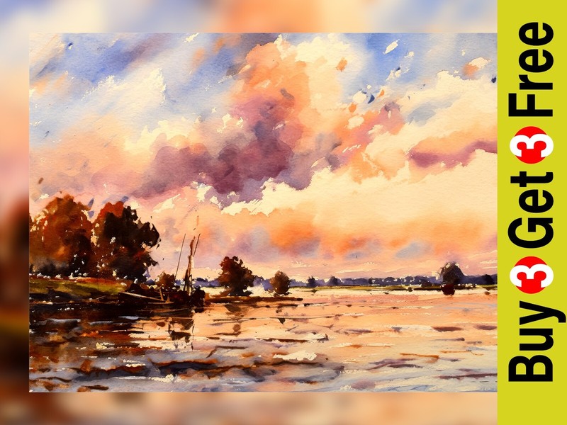 Serene River at Dusk 5″x7″ Print on Matte Paper | Warm Evening Sky Watercolor