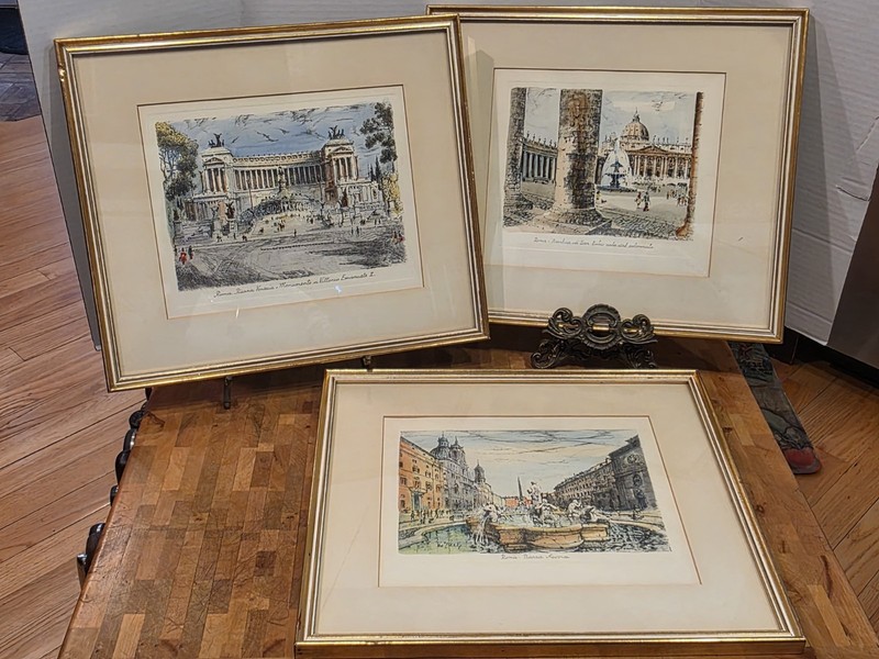 Vtg De Carly Etched Copper Ink Plate Roma Colored 3 Rome Locations Framed