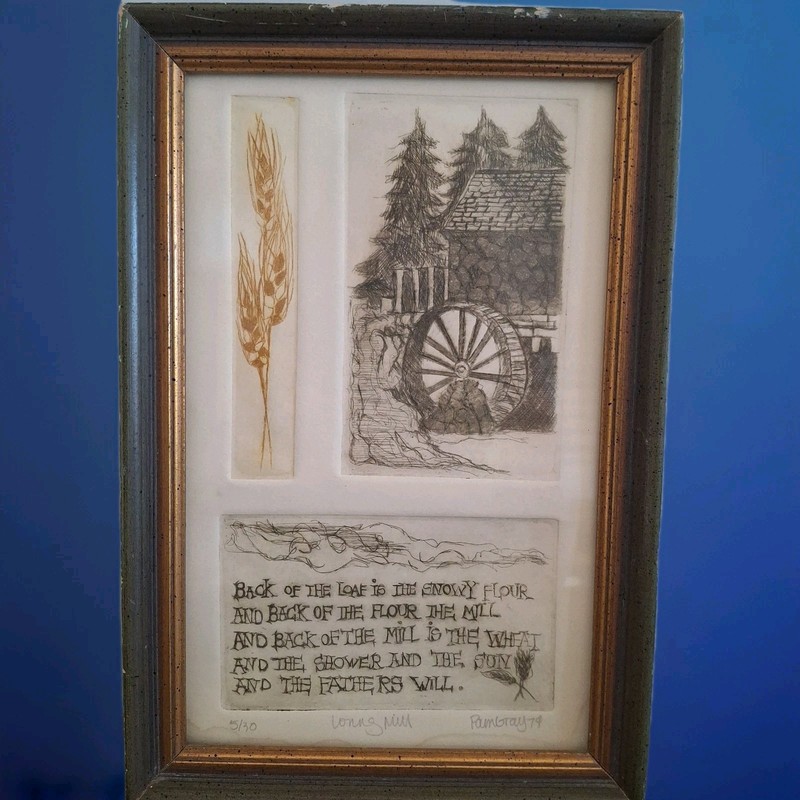 Artist Signed Numberd Frame Grist Long Mill Folk Art Print Pam Gray Wheat Poem
