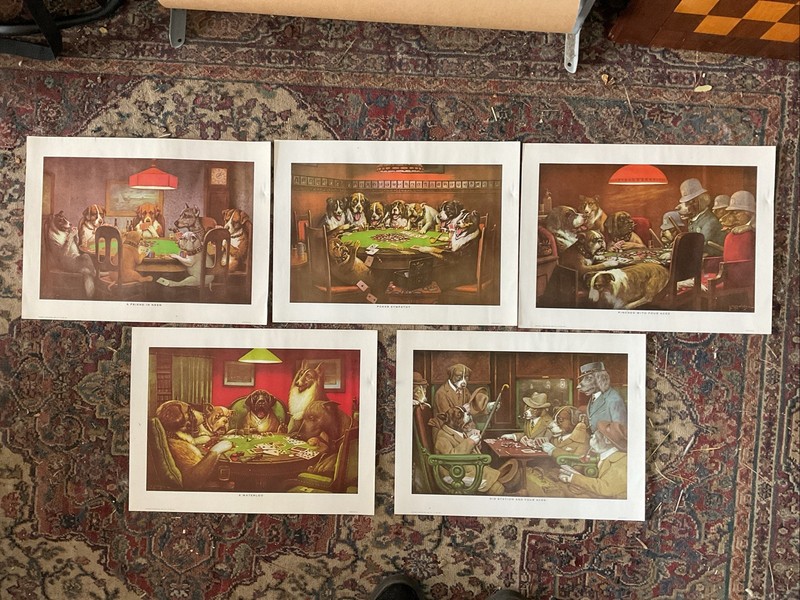 Lot Of 5 CM Coolidge Lithographs, Poker Playing Dogs, Series # 1,2,3,7 & 8