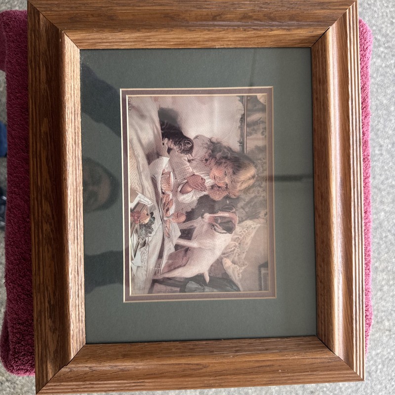 Suspense by C Burton Barber Print Picture Girl Morning Grace Dog & Kitten Framed