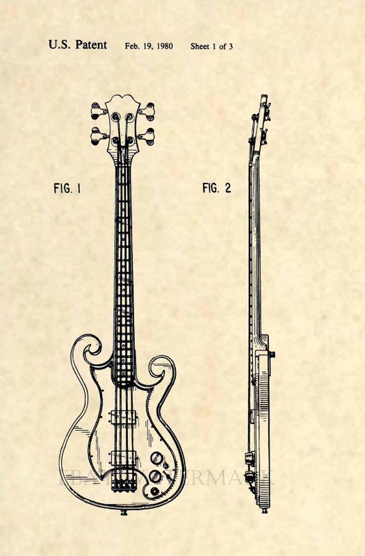 Official Epiphone «Scroll» Bass Guitar US Patent Art Print- Vintage Les Paul 233