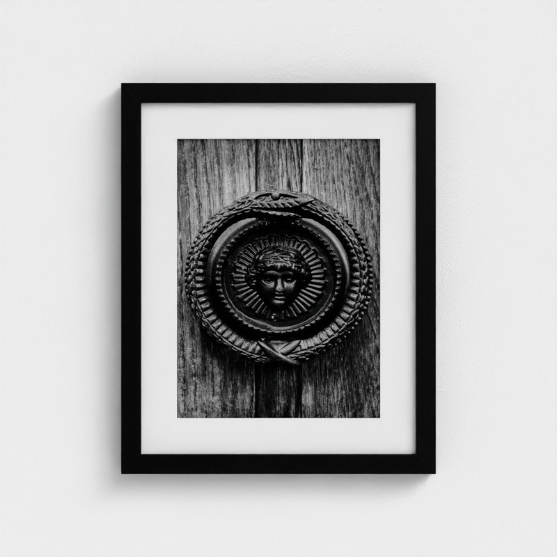 Classical Door Knocker Medallion Mounted Print Black & White Architectural Art