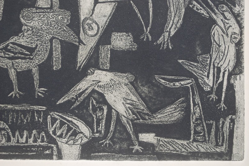 "Birds" MCM Linocut Print 1950s 9.5"x8" mat 14"x16" gallery