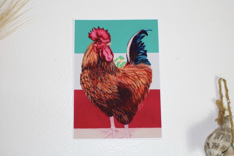 Original Print Rooster Gouache Painting 4x6 in Postcard Printed On 170 g/m Matte