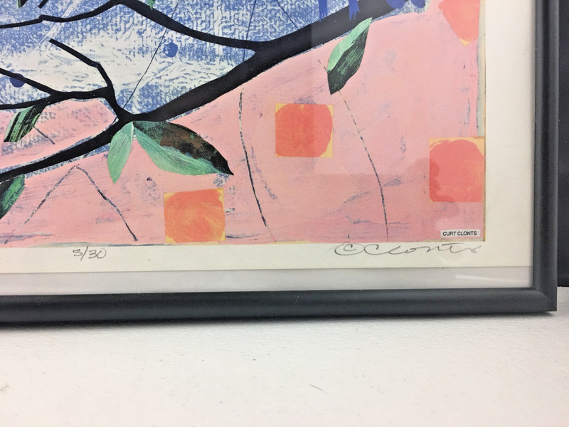 Curt Clonts Signed Serigraph Ed 5/30 Birds Folk Art Kansas Artist 16 x 12 Framed gallery