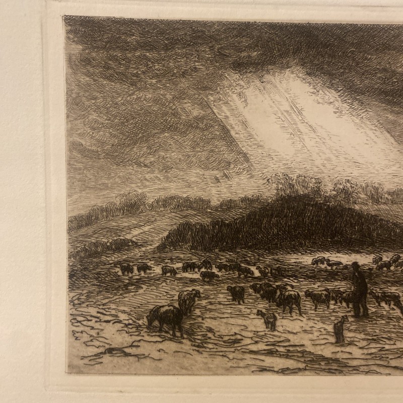 1881 J. A. Poulter “Pastoral” Antique English Etching – Shepherd Scene gallery