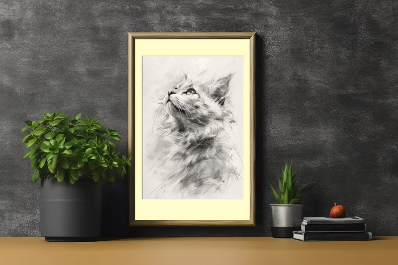 Curious Cat Drawing 12"x8" Print on Matte Paper | Ink and Pencil Artwork gallery