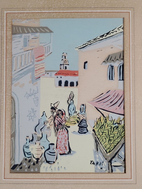 Takis Screen Print Mediterranean Street Scene Village Market Art 5.75×7.75
