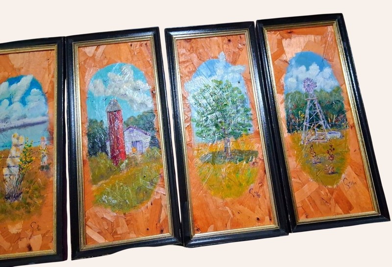 Set Of 4 Vintage Farm-Themed Framed Art Panels With Rustic Barn Tree & Windmill gallery
