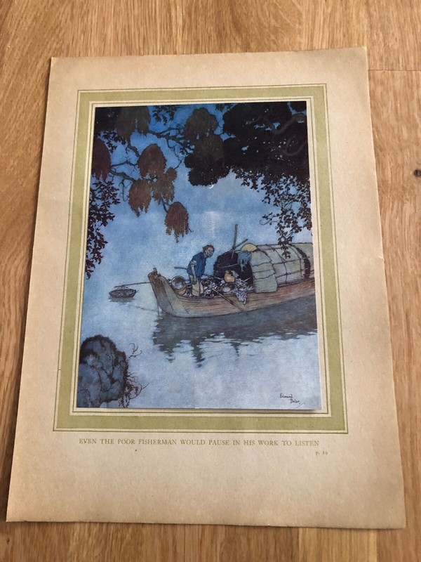 1915 edmund dulac colour print ! the poor fisherman would pause to listen