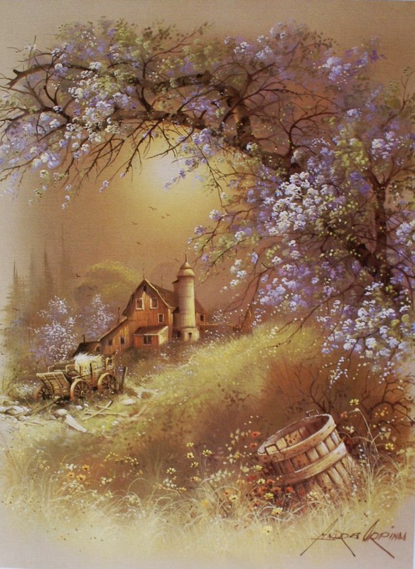 Autumn Barn by Andres Orpinas Farm Wagon Silo Fruit Basket Flowers Tree 12×16 💕