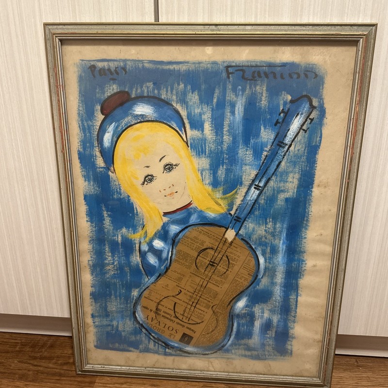 Francois Paris, Woman with Guitar, Gouache and Collage Painting on paper, signed