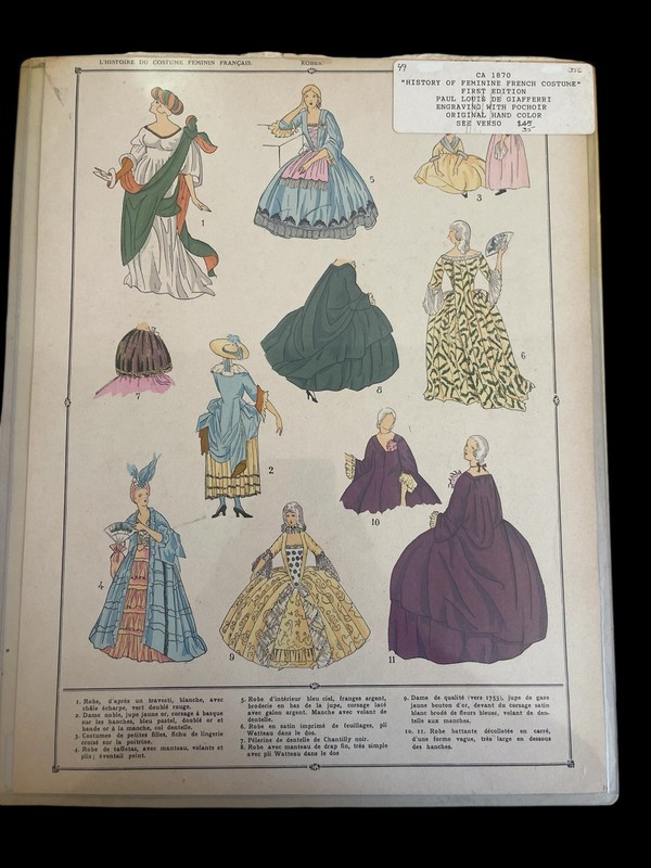 1870 French Fashion lithograph hand colored History of the Feminine Costume