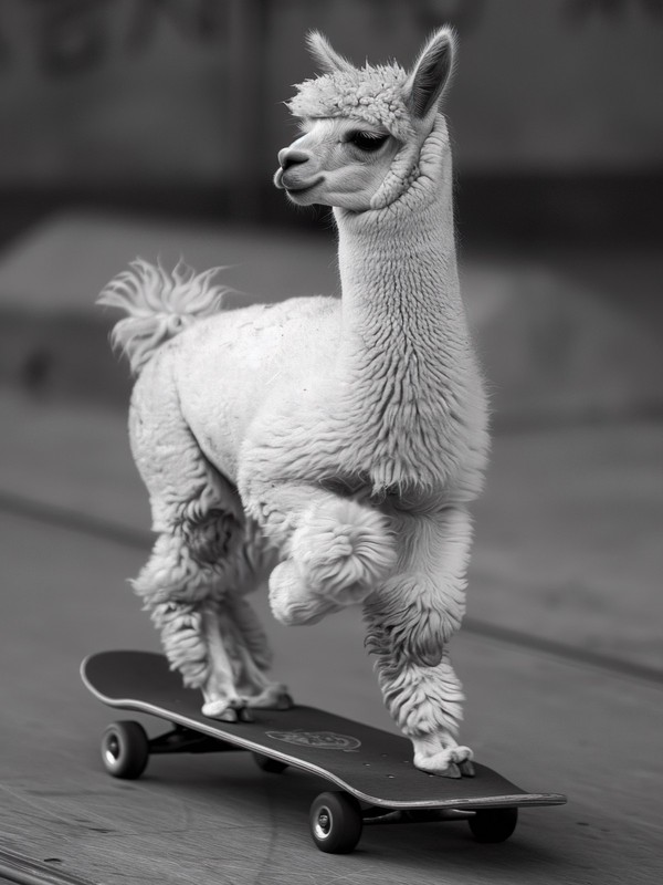 Funny Alpaca Riding Skateboard – Comical Animal Sports Poster Wall Art Print A1-