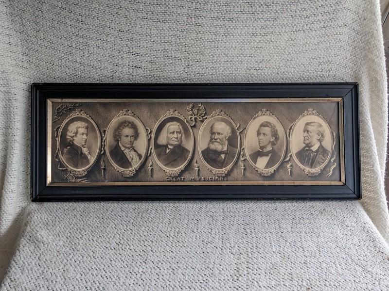 Antique 1903 W.L. Haskell Great Musicians Wood Framed Original 9″x30″ Art Print