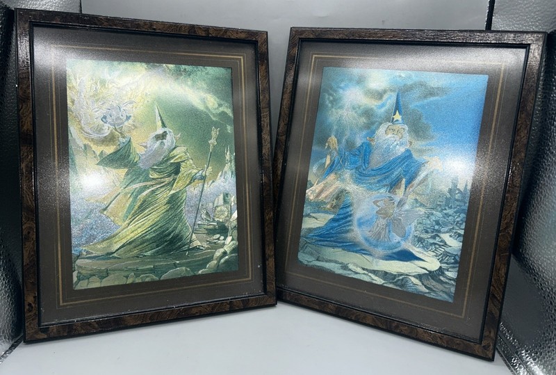 2 X Vintage Wizard Dufex Foil Art Golden Merlin/ Mage/ Wizard Framed Pictures
