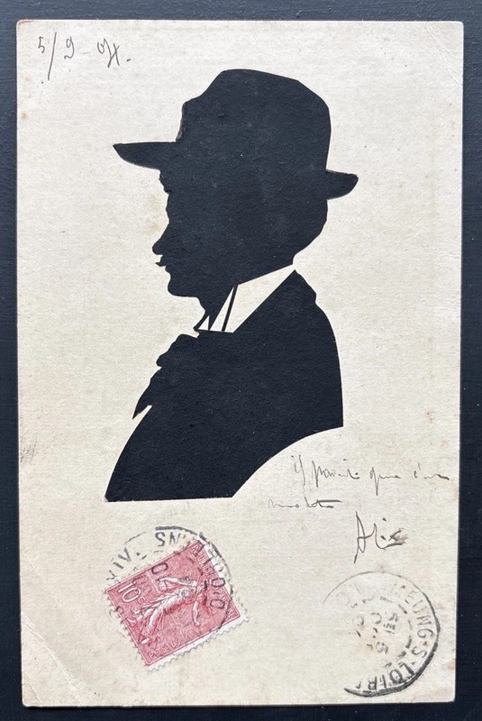 Antique Edwardian Hand-Cut Silhouette Portrait of Gentleman, Posted 1905