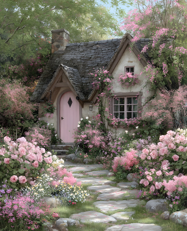 8×10 Cottage with Pink Door and Flowers Art Print – 722751440