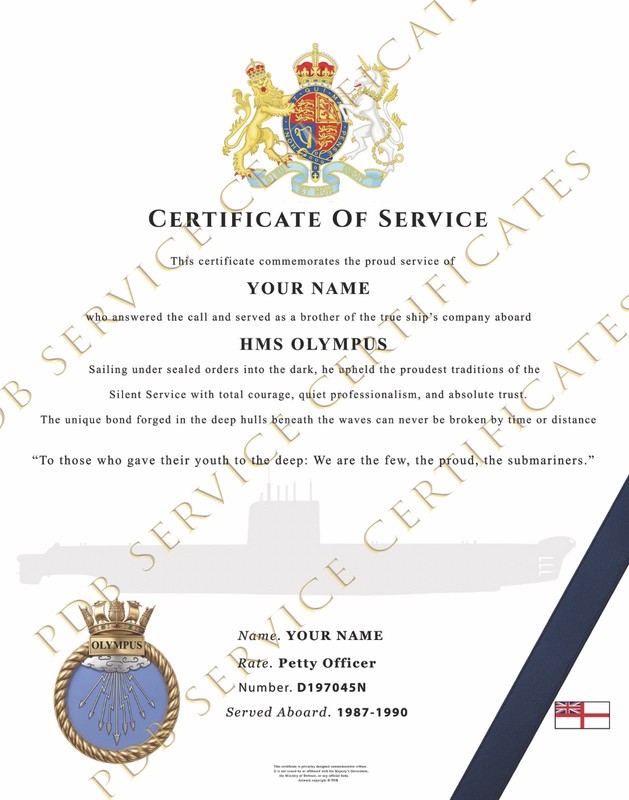 Personalised HMS Olympus Certificate of Service | Royal Navy Submariner Gift