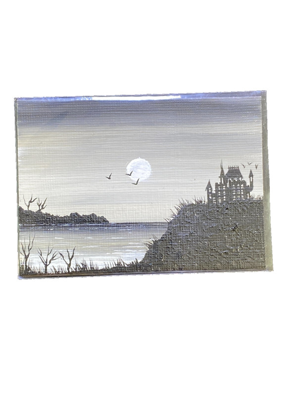 Spooky Castle Painting bats moon Halloween Small Signed 2011
