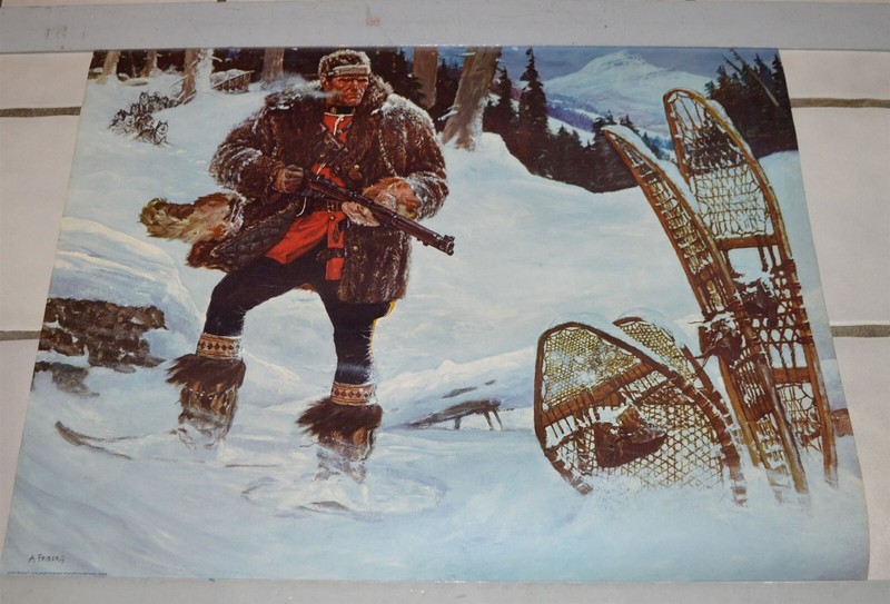 1954 A. Friberg Canadian Mountie RCMP on snowshoes with rifle Northwest Paper