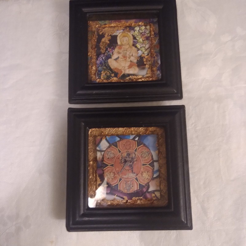 2 Small Buddha Art Pictures In Black Shadow Box Frames 6"x6" Copper Multicolored gallery