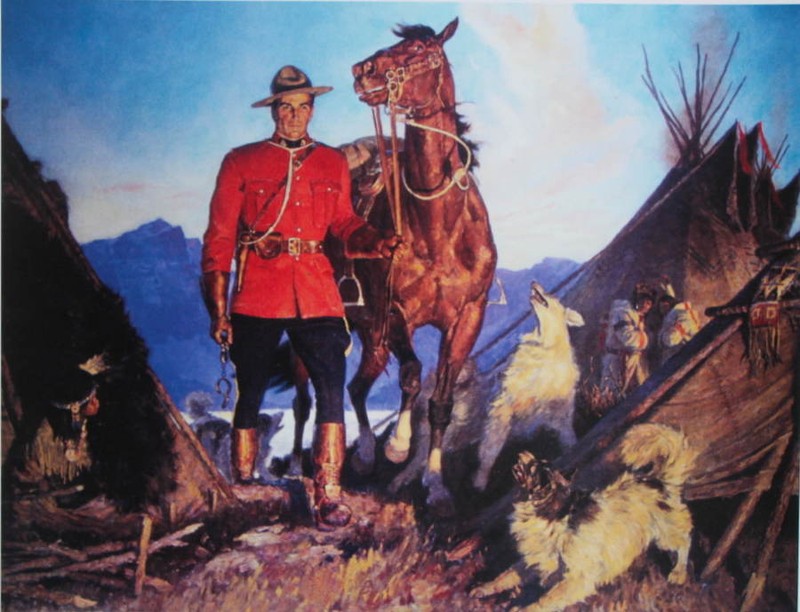 Canadian Mountie RCMP with Indian Camp with Dogs