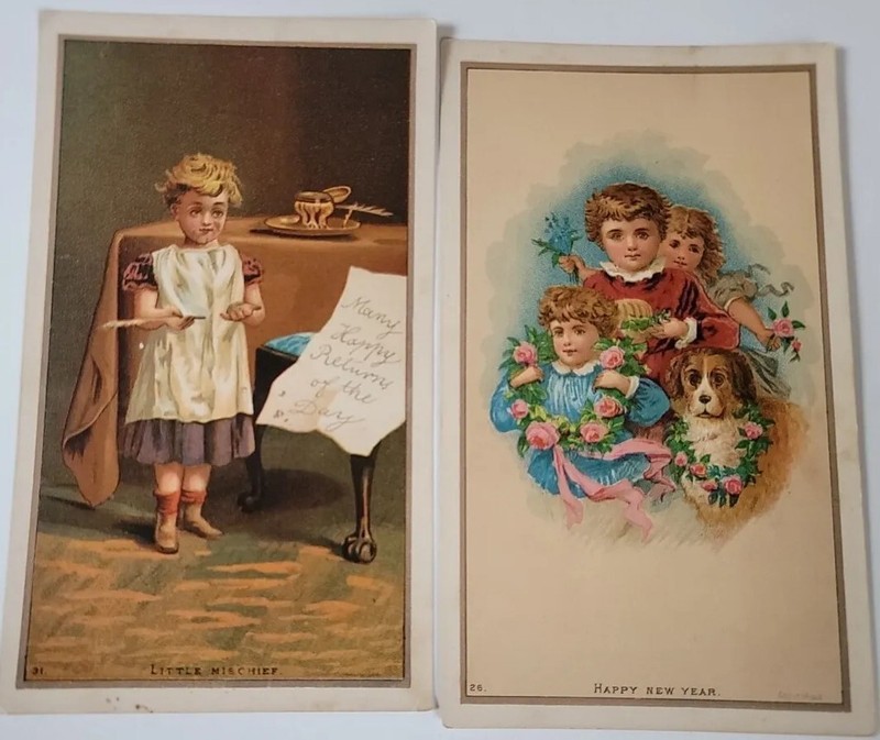 1881 – 2 Victorian Children Dog Cabinet Chromo Lithograph Cards PO Vickery