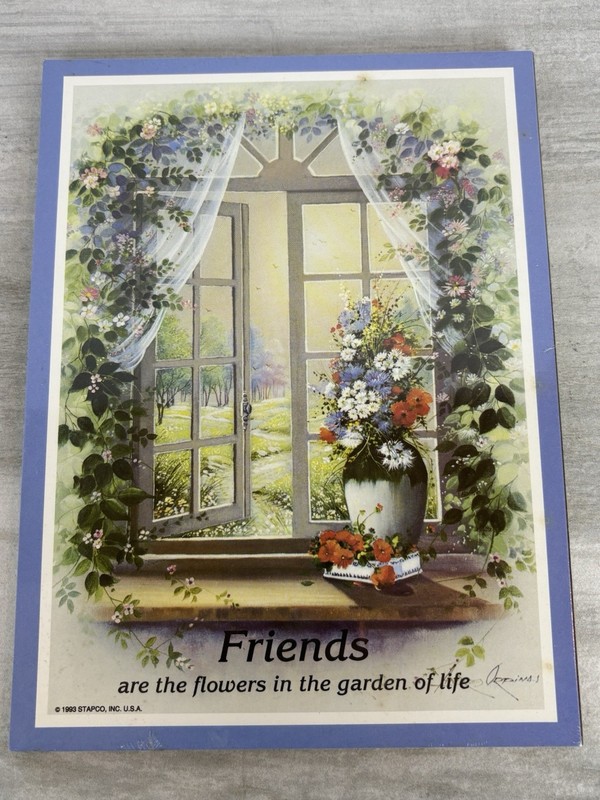 1993 Andres Olpinas Flowers in Open Window Paper Tole Sealed in Plastic 8x6in