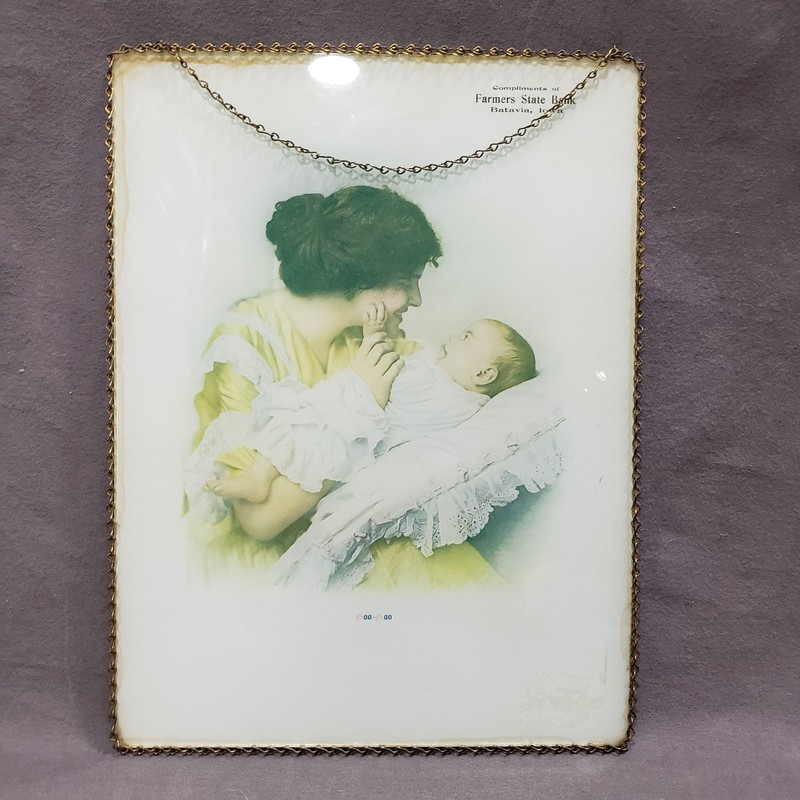 Antique Baby Advertising Print Hanging Chain Frame Victorian Manz Chicago 1900s