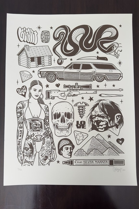 Mike Giant 18”x24” ‘Brown Ink Screenprint from 2022 signed dated #2/100 Tattoo