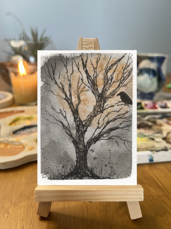 ACEO Original Watercolor Gold Metallic Ink Raven Bare Tree Atmospheric Moody Lan