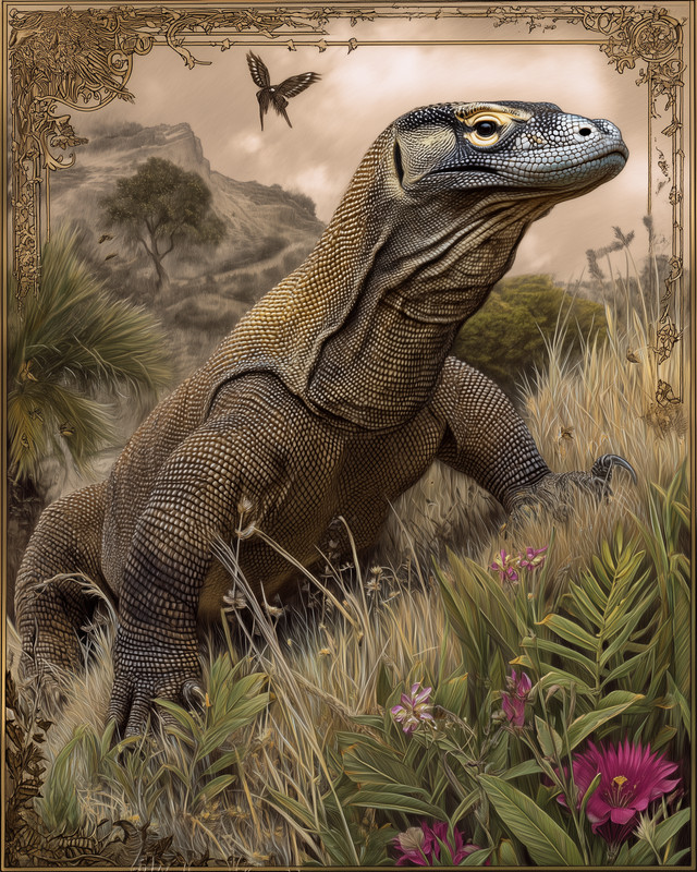 8×10 Komodo Dragon in meadow grass, ornate border – mountain meadow – 974631127