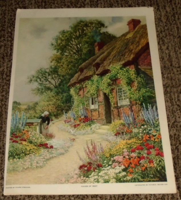 Claude Strachan Cottage Lady Feeding Birds Flowers 14″x10″ Print VTG FREE SHIP