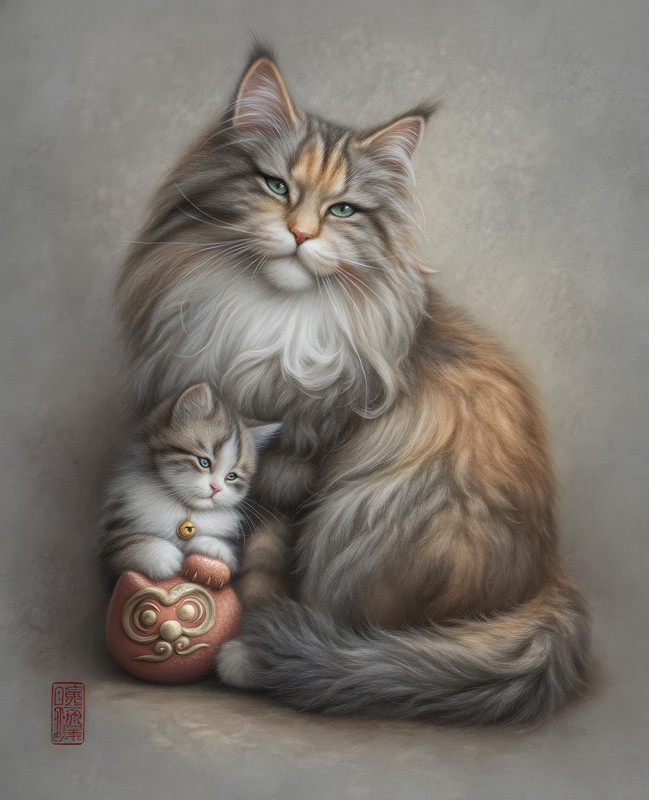 8×10 Cat & A Small Kitten Are Sitting Next To Each Other Art Print – 256791740