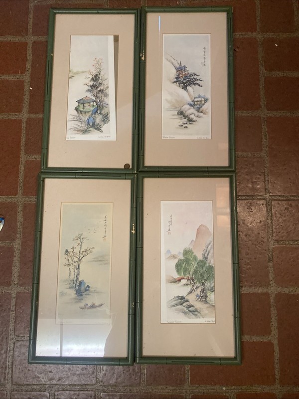 VTG Set of 4 Four Seasons Lithograph Prints Chinese Artist Yang Ling-fu Framed