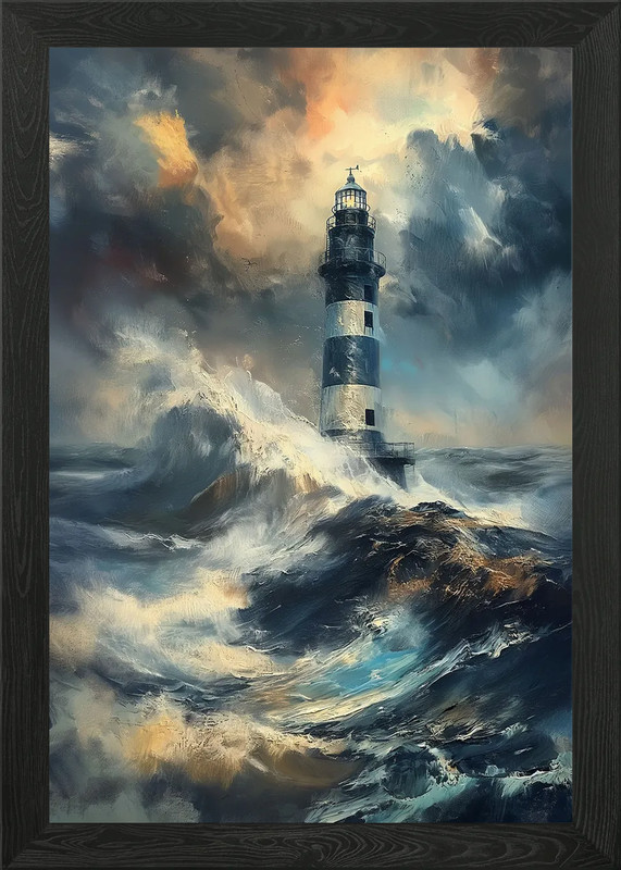 lighthouse in the storm Framed Wall Art Poster Canvas Print Picture