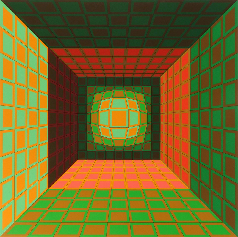 Victor Vasarely Green and Orange Composition Signed Silkscreen 100/250