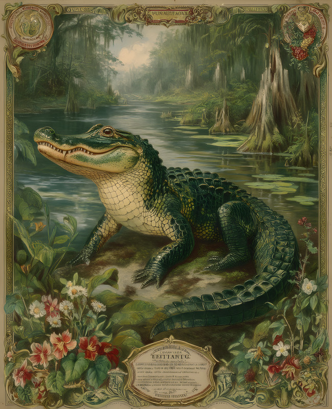 8×10 Alligator in Vintage Inspired Flowered Swamp Art Print – 411983521