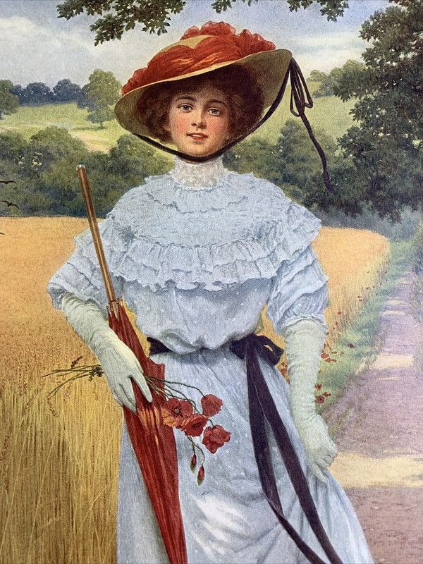 1910 Pretty Girl Art ORIGINAL Print Artist Cooper Big Hat Edwardian Lady 16 X 11
