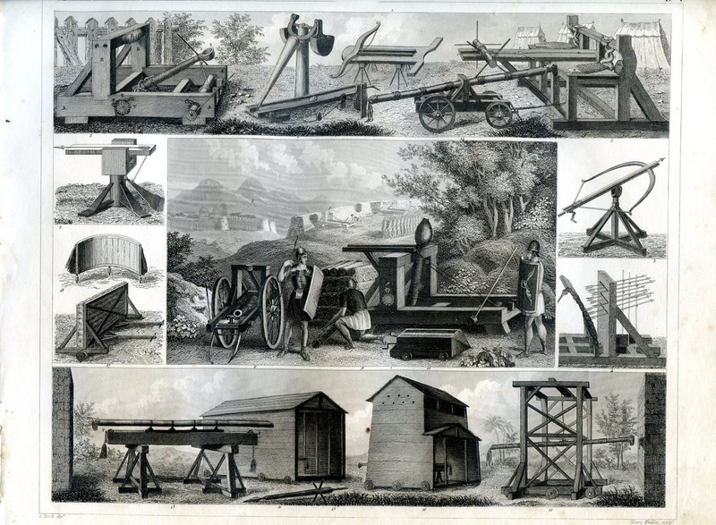 Medieval military engines, catapult, ballista..antique engraving…1849