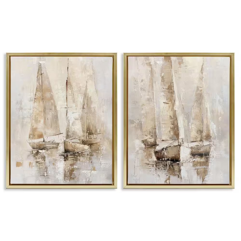 Neutral Toned Sailboats by Nina Blue 2-Pieces Gold Floater Frame Coastal Graphic