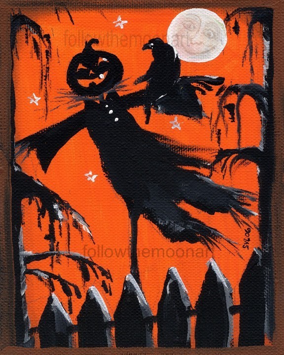 Scare Crow Moon Face Pumpkin Patch Spooky Harvest Cat Halloween 8 X 10 print