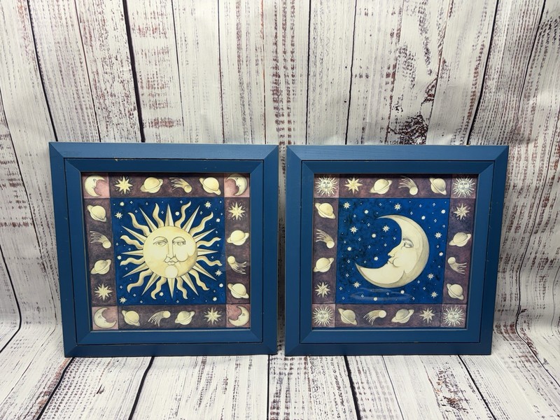 Framed Mary Beth Zeitz’s Celestial Prints Set, Vtg 90s Sun & Moon Decor 15 5/8″