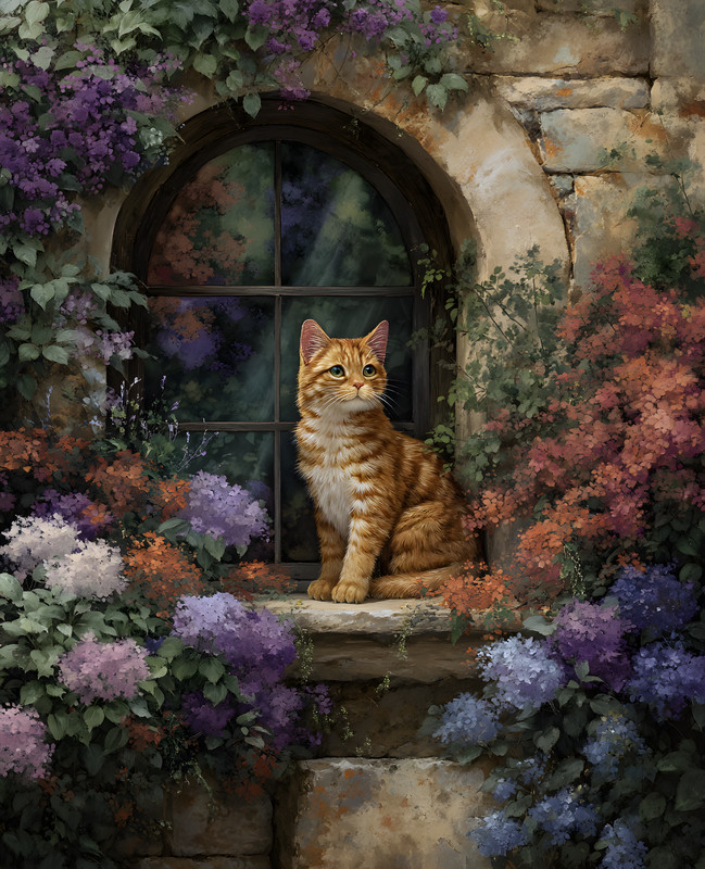 8×10 Cat Sitting on Window Sie with Flowers Art Print – 337671745
