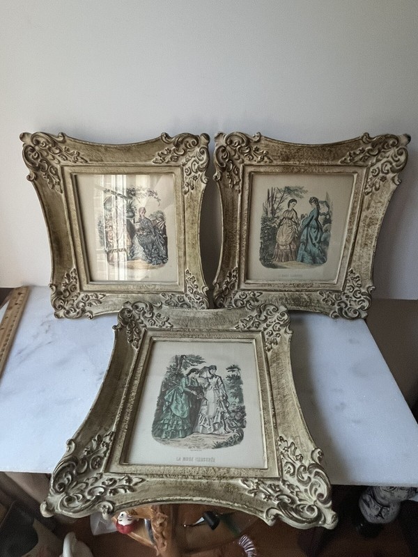 Antique La Mode Illustree Paris Fashion Prints Fabric Dresses Ornate Frame Set 3 gallery