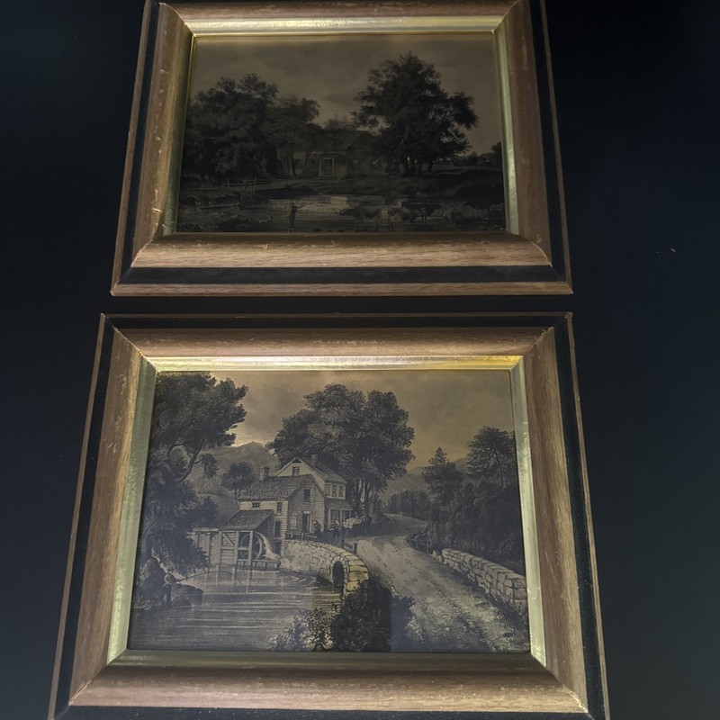 2 Vtg MCM INTERCRAFT Framed CURRIER & IVES Metalcraft Gold Foil Country Wall Art gallery